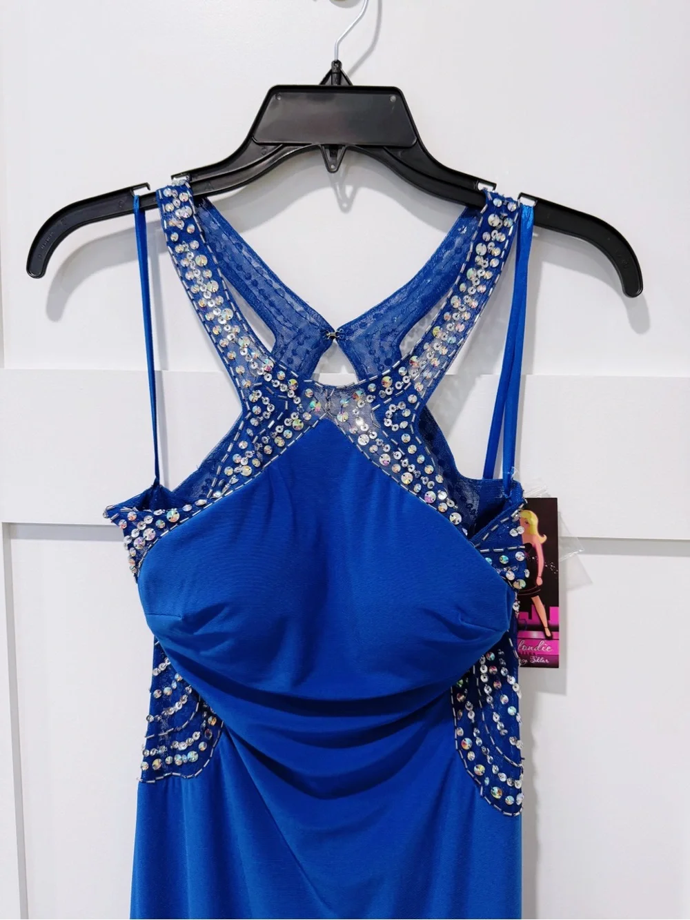 Blondie Nites High Neck Beaded Prom Gown in Royal Blue